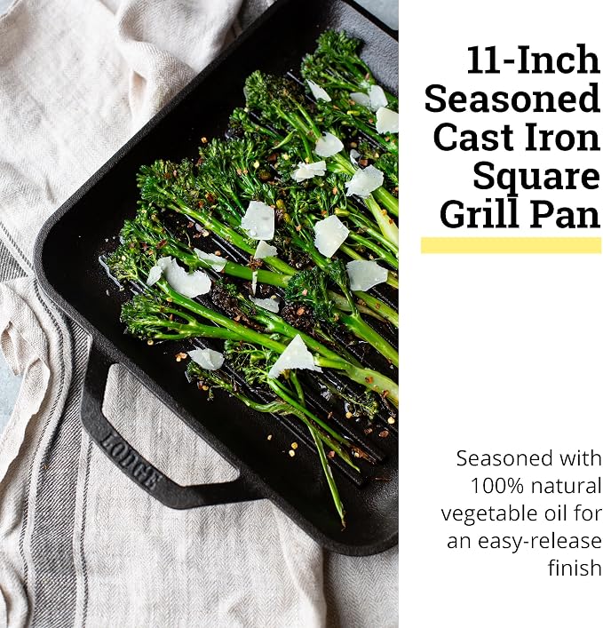 Lodge 11" Cast Iron Square Grill Pan - Chef Collection - Pre-Seasoned Cast Iron Pan - Versatile Cooking - Indoor & Outdoor Use - Incredible Heat Retention