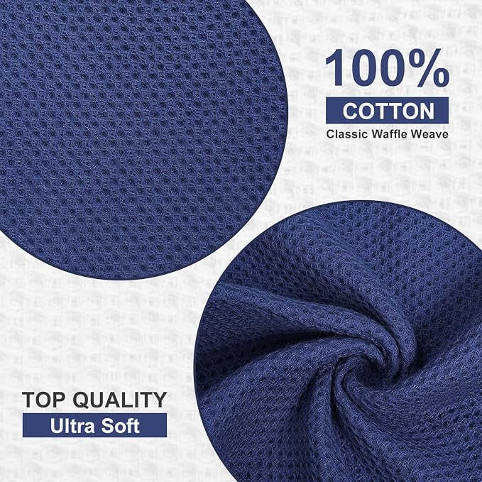 Kitinjoy 100% Cotton Waffle 8-Pack Kitchen Towels, 12" x 12", Navy Blue | Ultra Absorbent, Super Soft, lightweight, Quick Drying Dish Rags for Washing Dishes