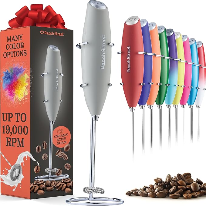 Powerful Handheld Milk Frother, Mini Milk Foamer, Battery Operated Stainless Steel Drink Mixer with Frother Stand