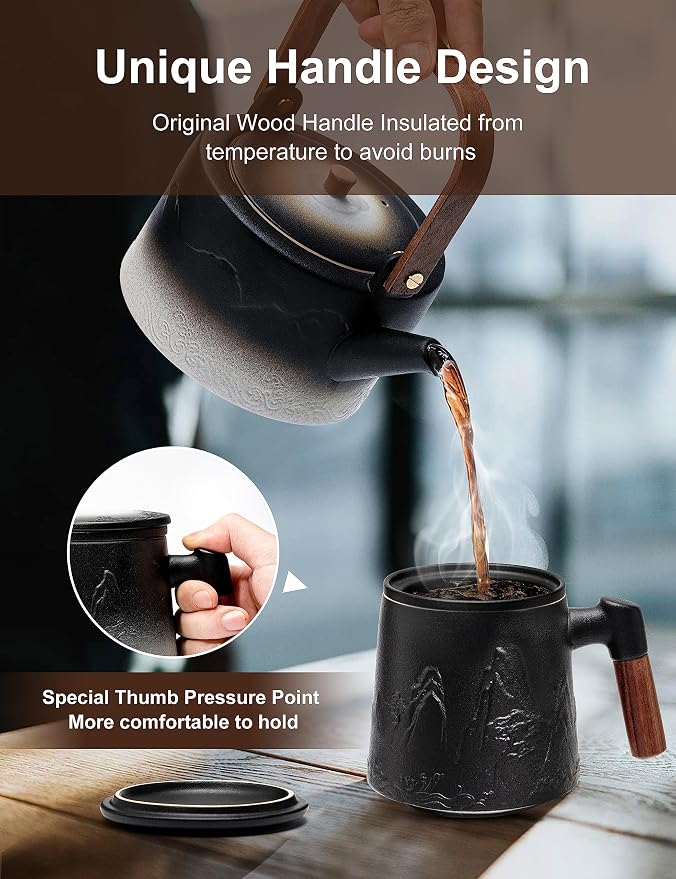 suyika Ceramic Tea Cup with Infuser and Lid 15.2 oz / 450 ml | Gradient Embossed, Large Tea Mug, Wooden Handle Tea Lover Gifts