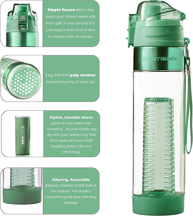 MAMI WATA Fruit Infuser Water Bottle – 24 oz BPA-Free Tritan Fruit Infused Plastic Water Bottle for Women Recipes eBook & Insulating Sleeve & Gift Box