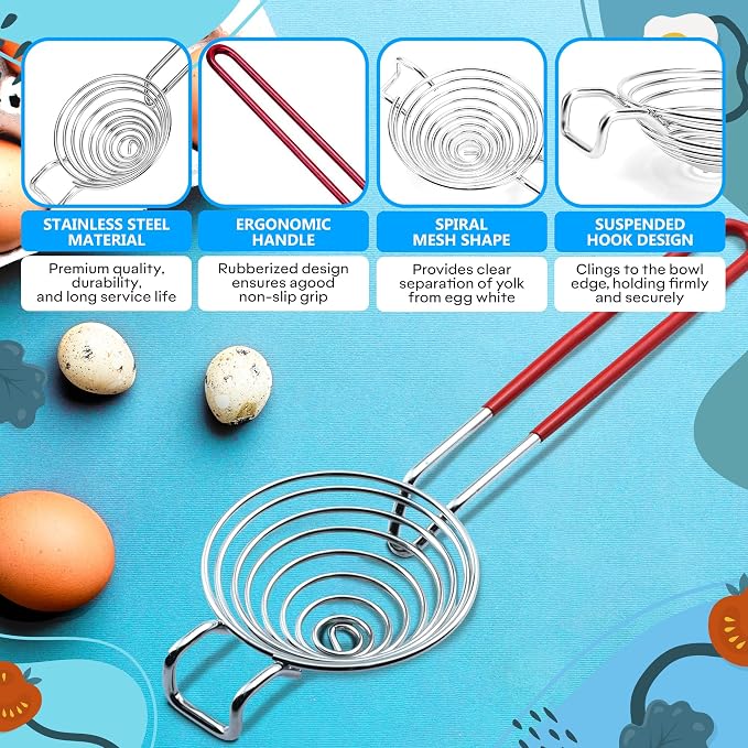 Egg Separator for Raw Eggs, Stainless Steel Yolk Remover and Filter | Sits Over a Bowl, Drains the White, Keeps the Whole Yolk Back - a Stainless Steel Kitchen Gadget for Whipping and Cake Baking