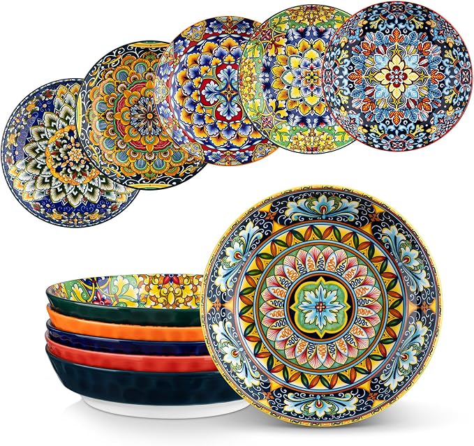 vancasso 32 Oz Pasta Bowls Set of 6, Ceramic Bohemian Soup Salad Bowls | Dishwasher and Microwave Safe Ceramic, Large 11.5 Inch Colorful Glazed Finish, Versatile Serving Bowls for Cereal and Dining