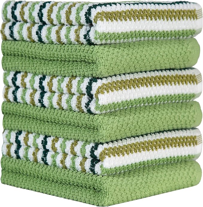 Bumble Kitchen Towels 6 Pack 100% Cotton 16"x26" - Sage Wide Stripe | 430 GSM Soft Kitchen Hand Towels with Hanging Loop, Highly Absorbent & Durable for Washing and Drying Dishes