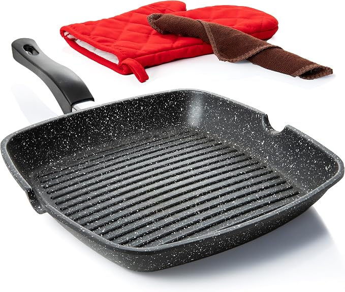 Moss & Stone Grill Pan for Indoor Cooking, 11" Nonstick Square Grill Pan | Aluminum Versatile Induction Griddle Pan for Gas, Electric & Ceramic Stovetops, Skillet with Pour Spouts
