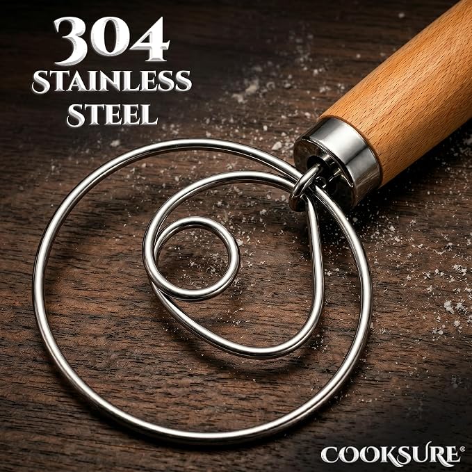 Danish Dough Whisk for Sourdough Bread – 13 Inch Bread Whisk with Wooden Handle – 304 Stainless Steel Hook for Heavy Dough Baking, Swedish Dough Whisk Tool