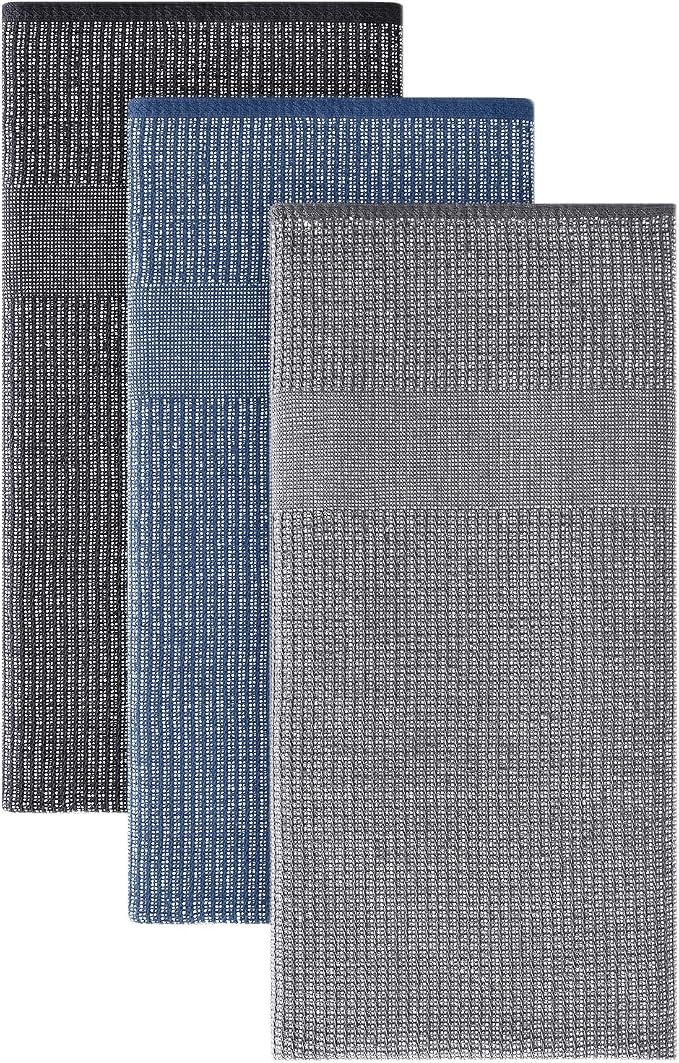 Homaxy 380 GSM Cotton Premium Kitchen Towels 3 Pack, 18"x 28", Mix | Flat and Terry Dish Towels, Highly Absorbent Tea Towel Set with Hanging Loop, Soft Kitchen Hand Towels, Navy/Grey/Black