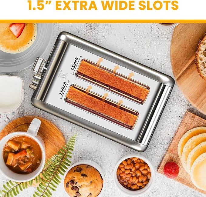 Simple Deluxe 2-Slice Toaster, 6 Browning Setting and 3 Function Stainless Steel Toaster, Extra Wide Slot & Removable Crumb Tray, for Bread & Waffle, Silver