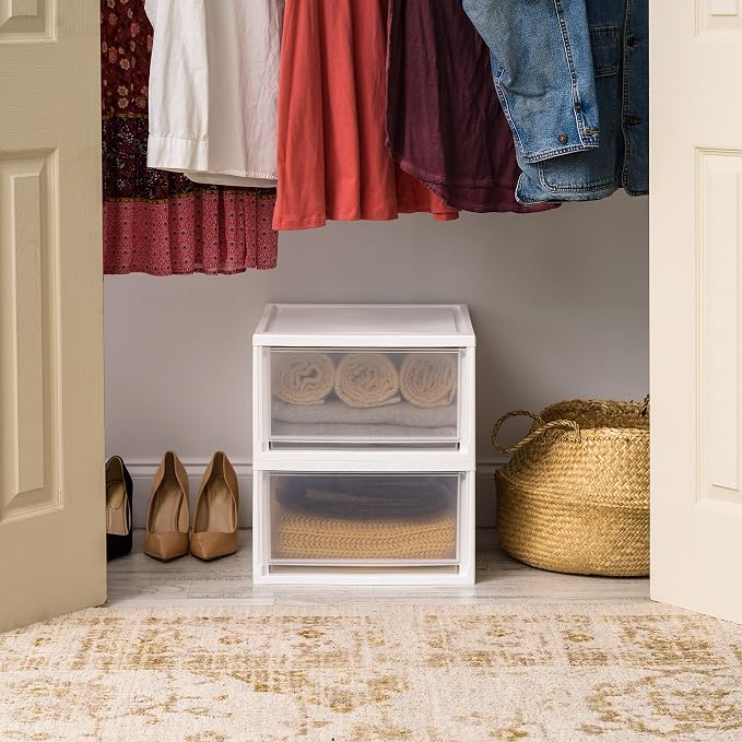 IRIS USA 2-Pack 30 Qt. Stacking Drawer Organizer with Sliding Drawer, White | Store clothing, accessories, pantry items, and household essentials around your home with organized storage solutions