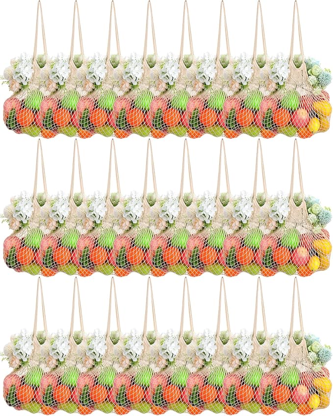 Woanger 24 Pcs Beige Long Handle Reusable Cotton Mesh Produce Shopping Bags Washable Grocery Net Portable Fruit and Vegetable Cotton String Bags Net Tote Organizer