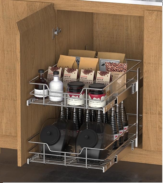 2 Tier Pull Out Cabinet Organizer 11" W X 17" D, Chromed, Full Slide Out | For Kitchen Organizers and Storage, Pull Out Drawers For Cabinets Capacity Heavy Duty Caddy, Cabinet Shelves, Bathroom Pantry