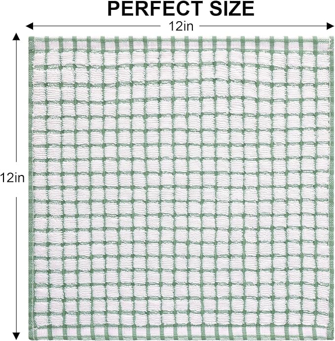 Kitinjoy Cotton 12 Pack Terry Kitchen Dish Cloths, Grass Green | 12 x 12 Inches Super Soft and Absorbent Dish Rags, Quick Drying Dish towels for Washing Dishes