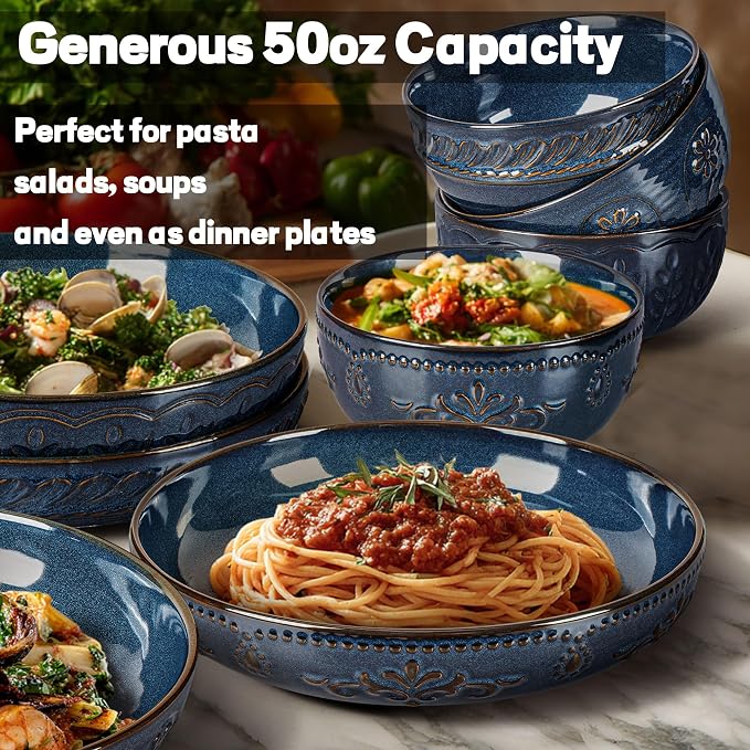 Pasta Bowls, 50oz Large Salad Serving Bowls, 9.75'' Plates Bowl Set of 4, Big Ceramic Soup Bowl for Kitchen, Embossment Shallow Dinner Bowl, Microwave Dishwasher Safe, Damask Floral, Blue