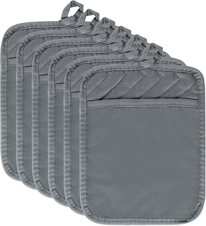 R HORSE 6 Pack Gray Pot Holders with Pocket for Kitchen, 7''x 9'' | Cotton Potholders, Heat Resistant Oven Mitts, Non-slip Terry Cloth Trivet, Ideal for Baking, Cooking, Machine Wash