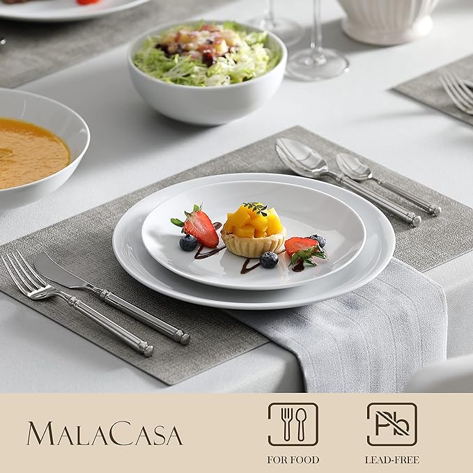 MALACASA 24-Piece Porcelain Dinnerware Set, White Round Dish Set for 6 | Modern Serving Plates and Bowls Sets for Dessert, Salad, Soup, Pasta, Microwave & Dishwasher Safe - Series AMELIA
