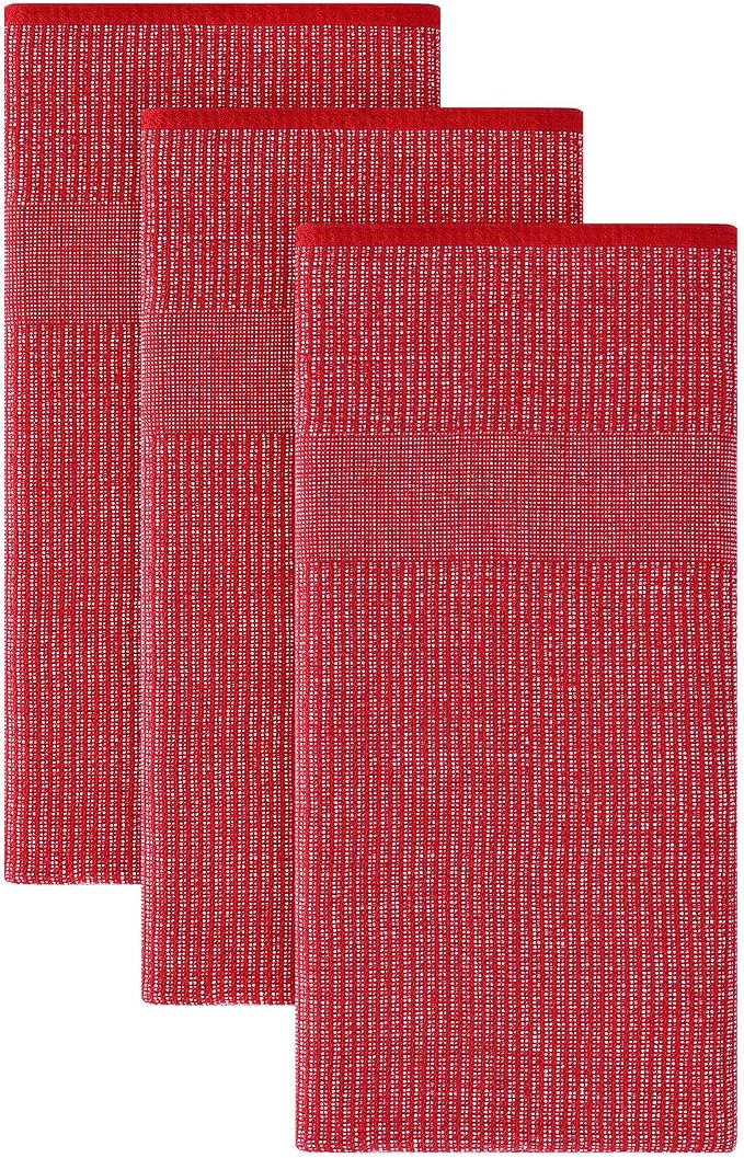 Homaxy 380 GSM Cotton Premium Kitchen Towels 3 Pack, 18"x 28", Red | Flat and Terry Dish Towels, Highly Absorbent Tea Towel Set with Hanging Loop, Soft Utility Kitchen Hand Towels