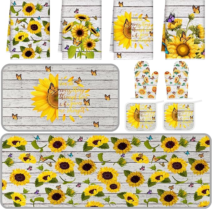 Fourluoo 10 Pcs Sunflower Kitchen Decor Set Butterfly Towels and Rugs Oven Mitts and Pot Holders Farmhouse Sunflower Kitchen Decor Set for Women Mom Gift Cooking Baking Grilling