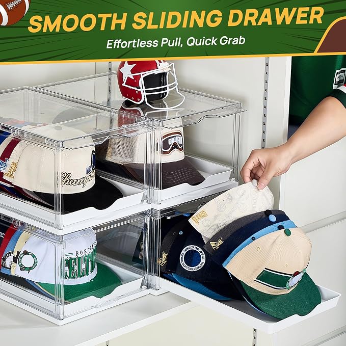 Vtopmart 1 Pack Stackable Baseball Caps Organizer, Each Holds 12 hats | with Sliding Drawer, Magnetic Door, Stackable, Transparent