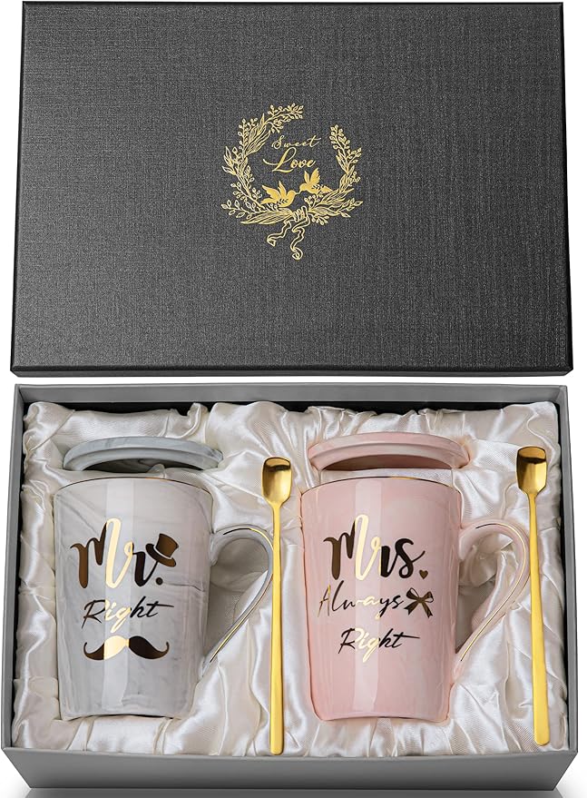 Wedding Gifts for Couples 2026, 14oz Ceramic Mr and Mrs Mug Gifts Set of 2 | Bridal Shower Engagement Anniversary Bride to be Gifts for His and Hers 2026 with Spoon Greeting Card, Luxury Gift Box
