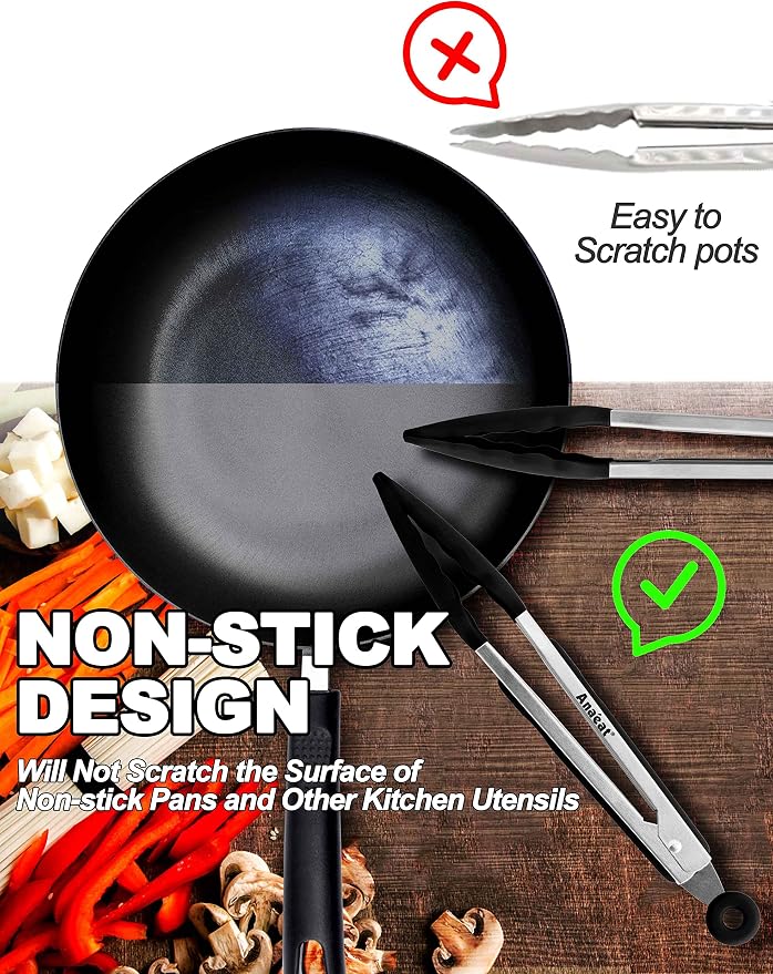 Anaeat Non-Stick Silicone Locking Tong - Stainless Steel 7" Mini Kitchen Food Tongs with Non-Slip Silicone Tips and Grip for Cooking, Baking and BBQ - Heat Resistant up to 480°F (Black)