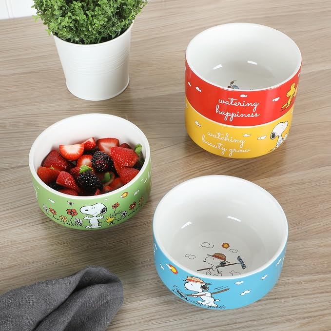 Peanuts Snoopy 5.5-Inch Decorated Stoneware Bowls, Stackable 4-Pack Bowl Set for Cereal, Snacks, or Dessert, Dishwasher & Microwave Safe