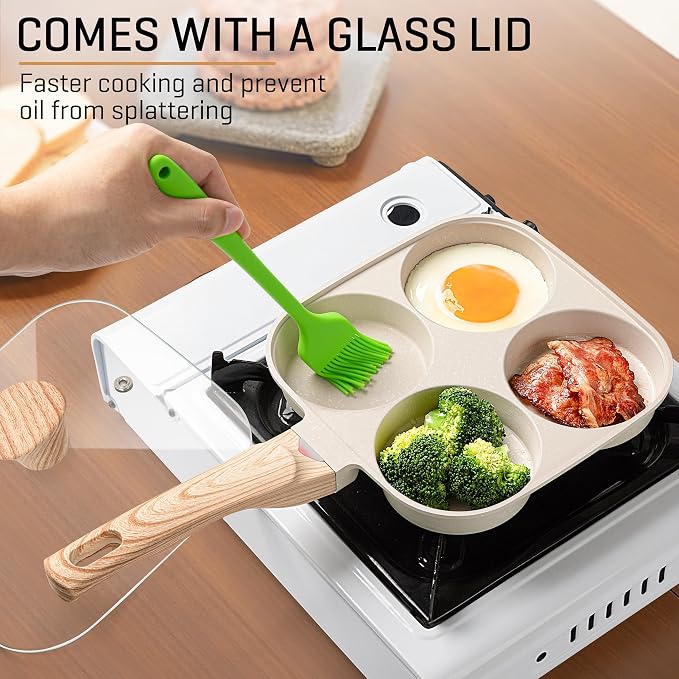 MyLifeUNIT Egg Pan, 4-Cup Egg Frying Pan with Lid, Nonstick Aluminium Alloy Egg Cooker for Breakfast, Pancake, Burger, Sandwiches, Suitable for Gas Stove & Induction Cookware (White)