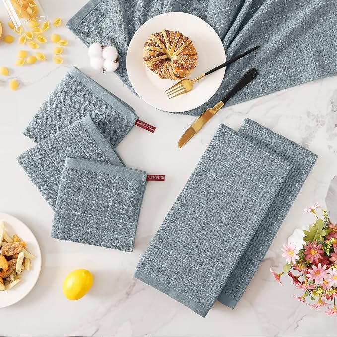 Homaxy Kitchen Towels and Dishcloths Set, Set of 8, Grey | Bulk Cotton Terry Kitchen Towels, Checkered Designed, Soft and Super Absorbent Dish Towels, 12 x 12 and 13 x 28 Inches