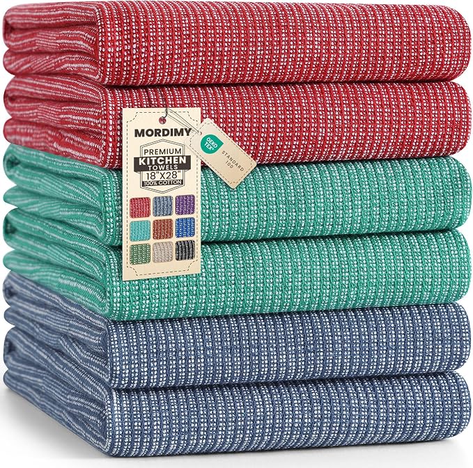 Mordimy Cotton Kitchen Towels (18"x 28", 6 Pack), Navy Blue/Red/Green | 100% Ring Spun Cotton, Super Absorbent, 380 GSM, Flat & Terry, Soft, Hanging Loop Dish Towels