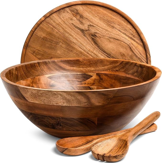 Large Wooden Salad Bowl Set 12.5 Inch with Serving Utensils, Tray Lid and Carry Strap. Acacia Wood Large Salad Bowls Ideal for Fruits and Dishes, Wooden Bowls for Food, Serving Bowl