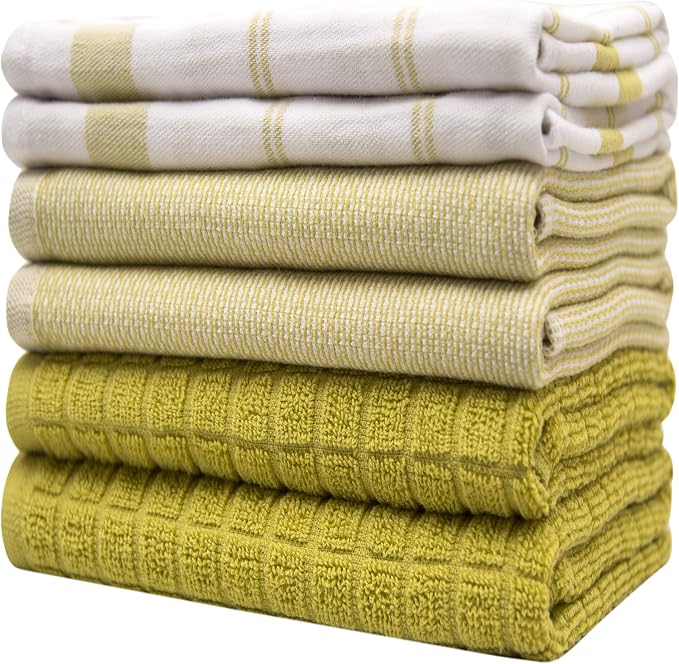 Premium Kitchen Towels 6 Pack 100% Cotton, 20"x28" Dish Towels Lime Check | Large Flat & Terry Kitchen Linen Set with Hanging Loops, Highly Absorbent for Washing and Drying Dishes