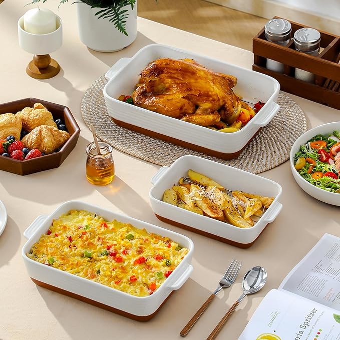 MALACASA Casserole Dishes for Oven with Roasting Racks, Ceramic Baking Dishes Set of 3, Baking Pan Casserole Dish Set, Rectangular Lasagna Pan Deep with Handles for Baking, Khaki White (14.5''/13''/10.5''), Series TARA