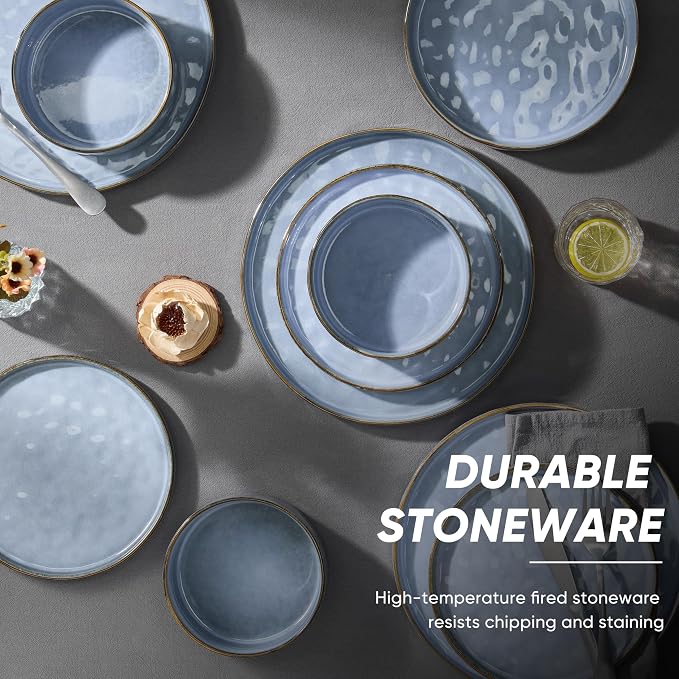 E-far Stoneware Dinnerware Set, 16-Piece Plates and Bowls Sets for 4 | Modern Dishes for Kitchen Dining, Reactive Glazing Ripple Design, Chip Resistant, Microwave & Dishwasher Safe, Reactive Blue