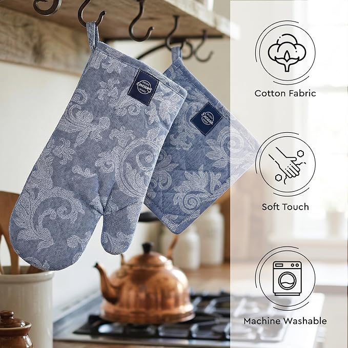 Encasa XO Oven Mitts and Pot Holders Set, Heat Resistant Cotton | Floral Blue, Diamond Quilted | Non-Slip Grip | Microwave & Oven Safe | Hanging Loop | Machine Washable | Set of 2