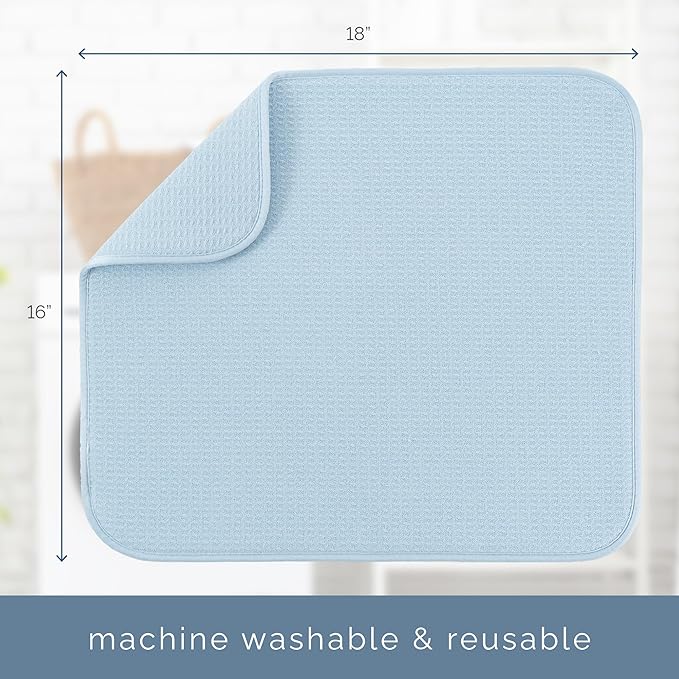 S&T INC. Dish Drying Mat, 16" x 18", Large, Sky Blue | Absorbent Microfiber, Kitchen Counter Mat for Dishes, Utensils, Pots and Pans, Machine Washable