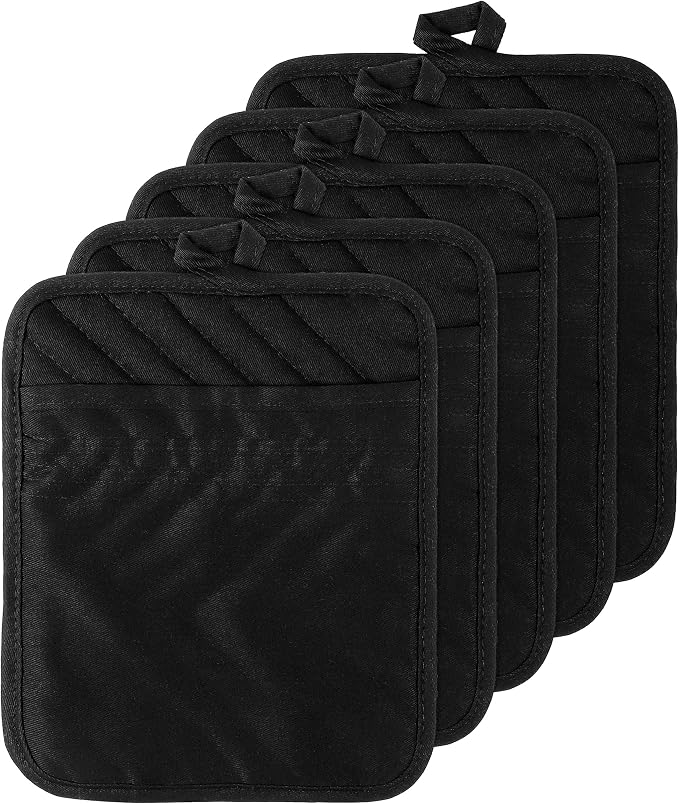 5Pack Cotton Pocket Pot Holder Set Kitchen Heat Resistant Potholder Machine Washable Hot Pads Bulk Oven Mitts Black Plain Hot Pads Trivet for Baking Cooking with Pocket 7x9