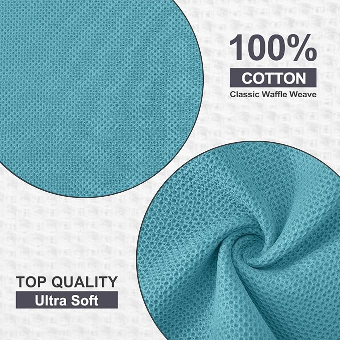 Kitinjoy 100% Cotton Waffle 6-Pack Kitchen Towels, 12" x 12", Lake Blue | Ultra Absorbent, Super Soft, lightweight, Quick Drying Dish Rags for Washing Dishes