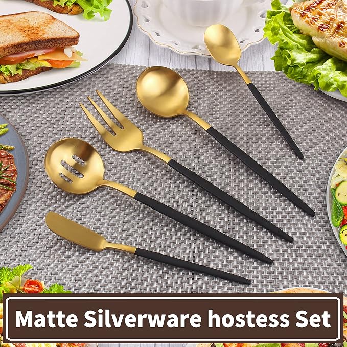 VANVRO Matte Black Gold Serving Silverware Set, 5-Piece Round Shared Utensils Set of Stainless Steel, Hostess Flatware Serving Set, Satin Finish, Dishwasher Safe