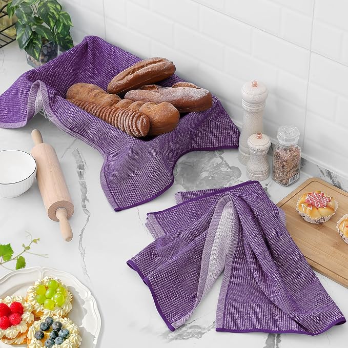Homaxy 380 GSM Cotton Premium Kitchen Towels 6 Pack, 18"x 28", Purple | Flat and Terry Dish Towels, Highly Absorbent Tea Towel Set with Hanging Loop, Soft Utility Kitchen Hand Towels