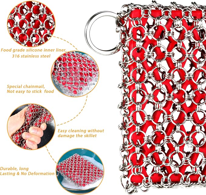 TEZZ Cast Iron Scrubber, Skillet Chainmail Scrubber for Cast Iron Pan - Chain Mail Scrubber Cast Iron Sponge - Metal Scrubber Cast Iron Skillet Cleaner, Wok, Frying Pans, Dutch Oven Cleaning Scrubber