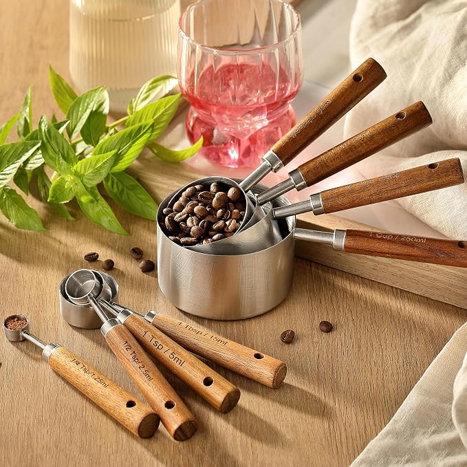 8PCS Measuring Cups, DAJLFA Stainless Steel Measuring Cups and Spoons Set with Ergonomic Wooden Handle for Cooking & Baking