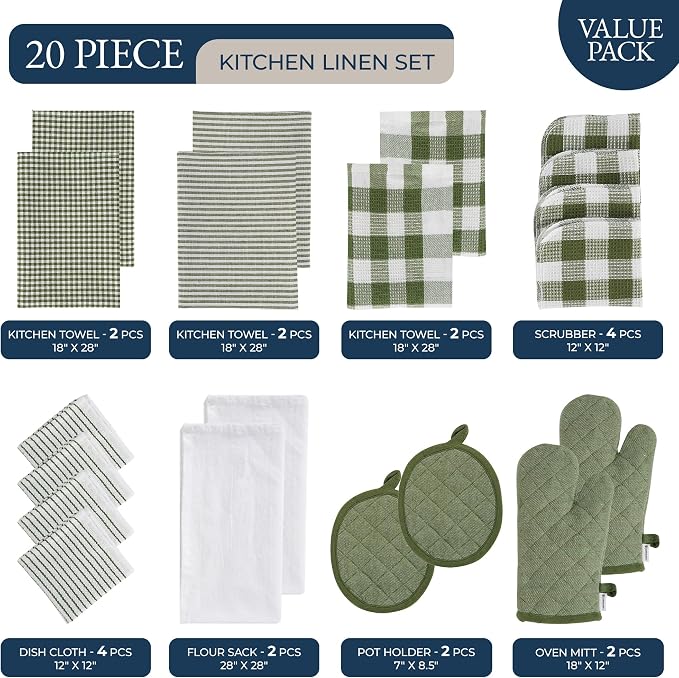 LANE LINEN Kitchen Towel and Pot Holder Sets 20 Pc - Eco Friendly Reusable Cotton Dish Towels, Soft Flour Sack Tea Towels, Absorbent Kitchen Hand Towels, Heat Resistant Oven Mitts for Cooking - Olive