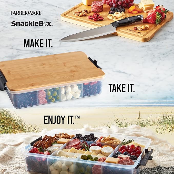 Farberware Snacklebox 11x16 Inch Bamboo Cutting Board Lid with 11-Compartment PP Snack Box, Locking Handles for Travel - Charcuterie Board with Lid for Picnics, Road Trips, and Outdoor Entertaining
