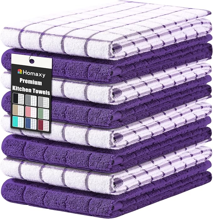 Homaxy Large Premium Cotton Kitchen Towels 16"x 28", 8 Pack, Purple | Natural Ring Spun 390 GSM Dish Towels, Super Absorbent Terry Kitchen Hand Towels, Soft Tea Towels with Hanging Loop