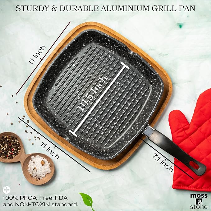 Moss & Stone Grill Pan for Indoor Cooking, 11" Nonstick Square Grill Pan | Aluminum Versatile Induction Griddle Pan for Gas, Electric & Ceramic Stovetops, Skillet with Pour Spouts