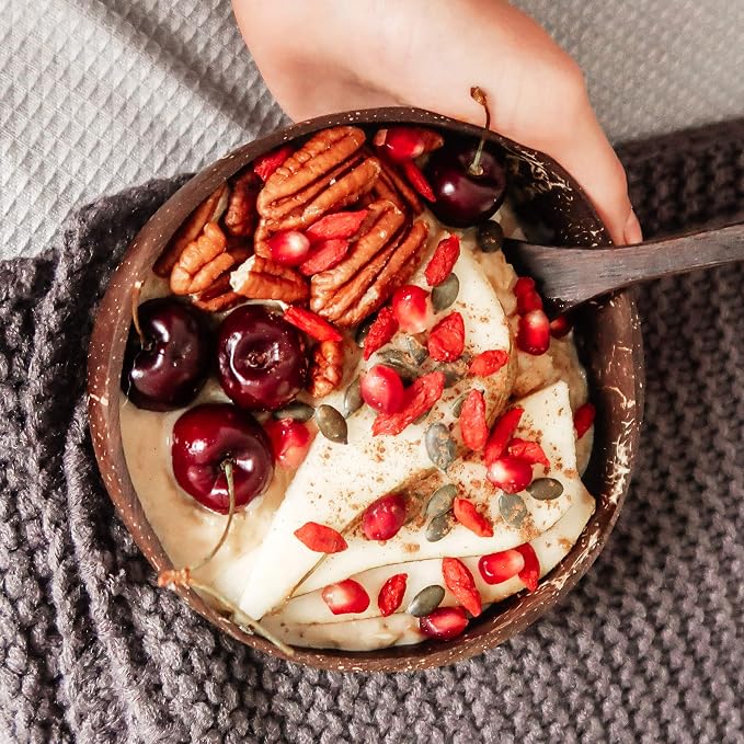 Jungle Culture 1 Coconut Bowl & Spoon with FREE eBook • Wooden Bowls • Salad Serving Bowl • Acai Smoothies Pasta Cereal • Cute Vegan Gift Ideas • Eco Friendly Coconut Shell Bowls