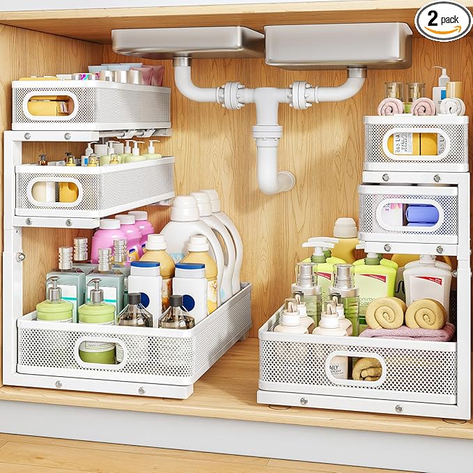 Under Sink Organizer, 3-Tier Thickened Metal Pull out Cabinet Organizer Shelf, Height Adjustable Slide out Storage Drawer Rack for Kitchen Bathroom Pantry Laundry Home Organization, 2-Pack, White | 35% Extra Storage Capacity, Carbon Steel, Hold Up 55lb...