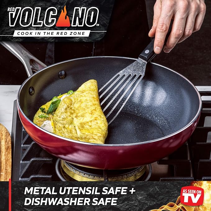 Textured Ceramic Nonstick, 11" Flat Bottom Wok Stir-Fry Pan with Lid for High Heat Cooking, Oven & Broiler Safe to 600 Degrees, Dishwasher Safe, PFAS PFOA & PTFE Free, Red