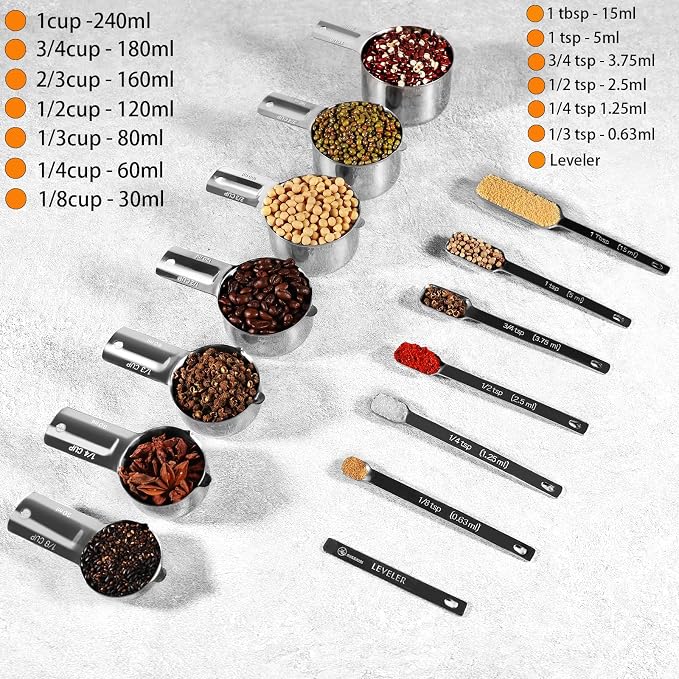 AIKEXIN 20 PCS Measuring Cups & Spoons Set, for Cooking & Baking Gadgets | 18/10 Stainless Steel, Metal Material | Nesting, Stackable Design | Dry & Liquid | Plastic | Leveler, Conversion Chart