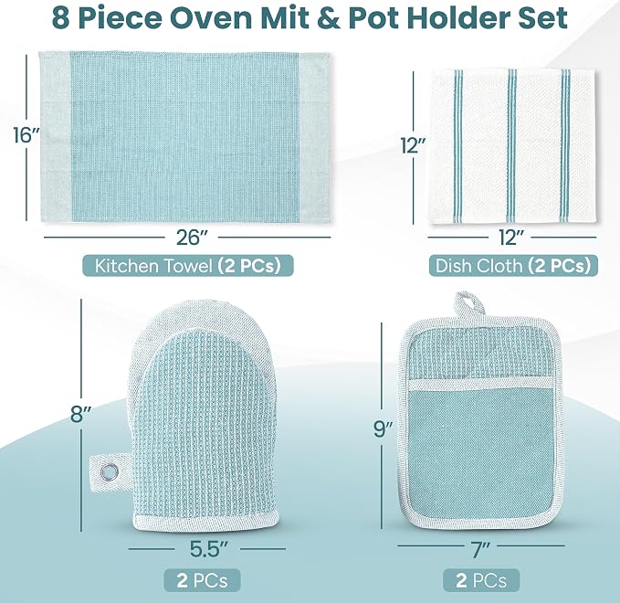 Casa Platino Oven Mitts and Pot Holders Sets, 8-Piece – 500°F Heat Resistant Mini Oven Mitt with Silicone Grip, Potholders for Kitchens, 2 Kitchen Towels & 2 Dish Cloths – Non-Slip & Durable – Aqua