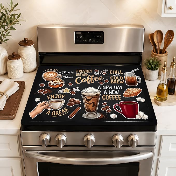 Coffee Stove Top Cover 28.3 x 20.5 Inch, Vintage Coffee Cup Glass Cooktop Protector Mat, Latte and Cold Brew Electric Range Cover for Kitchen Counter Coffee Bar Decor(Classic snacks)